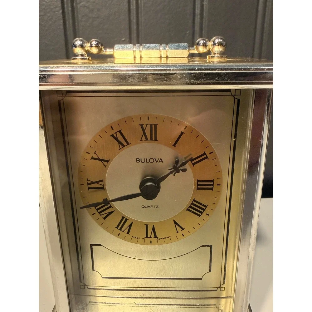 Bulova Quartz Carriage Clock Two Tone Silver Gold Roman Numeral Made in Germany